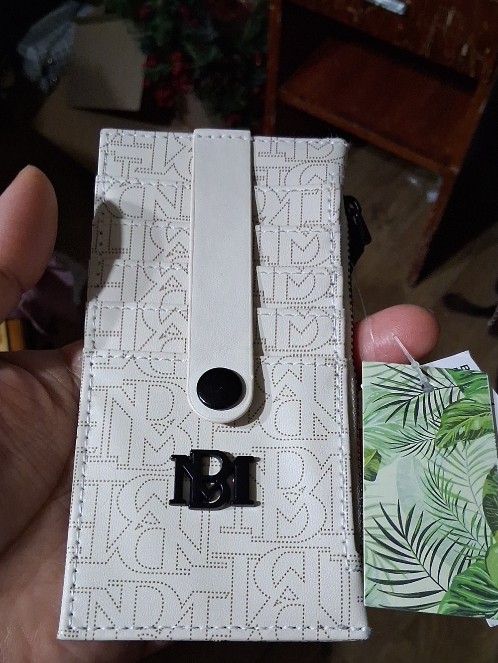 Badgley Mischka White Monogram Card & Key Holder with Strap